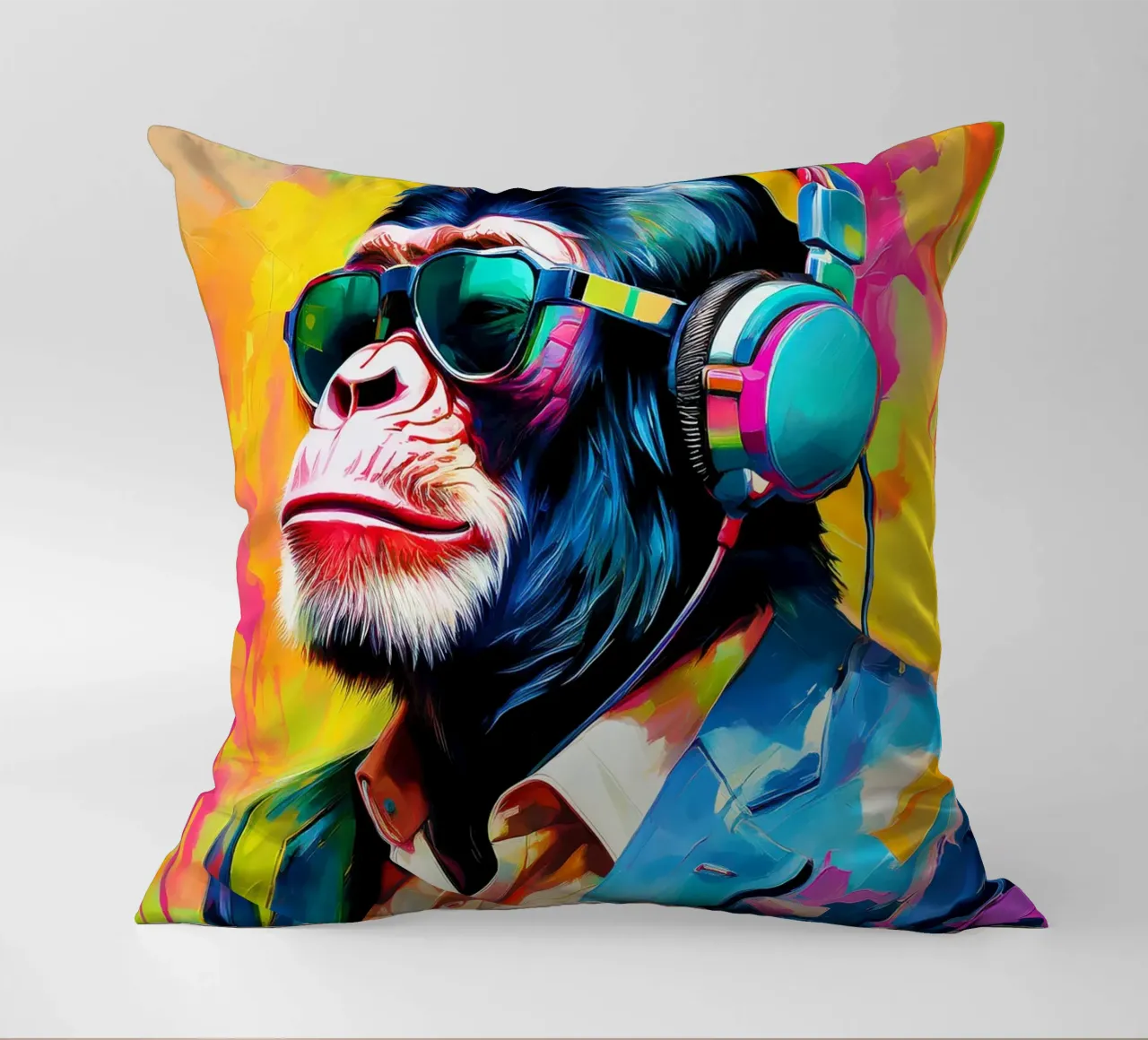 Chimpansee colorato Popart con cuffie cuscino da Take Your Art BV