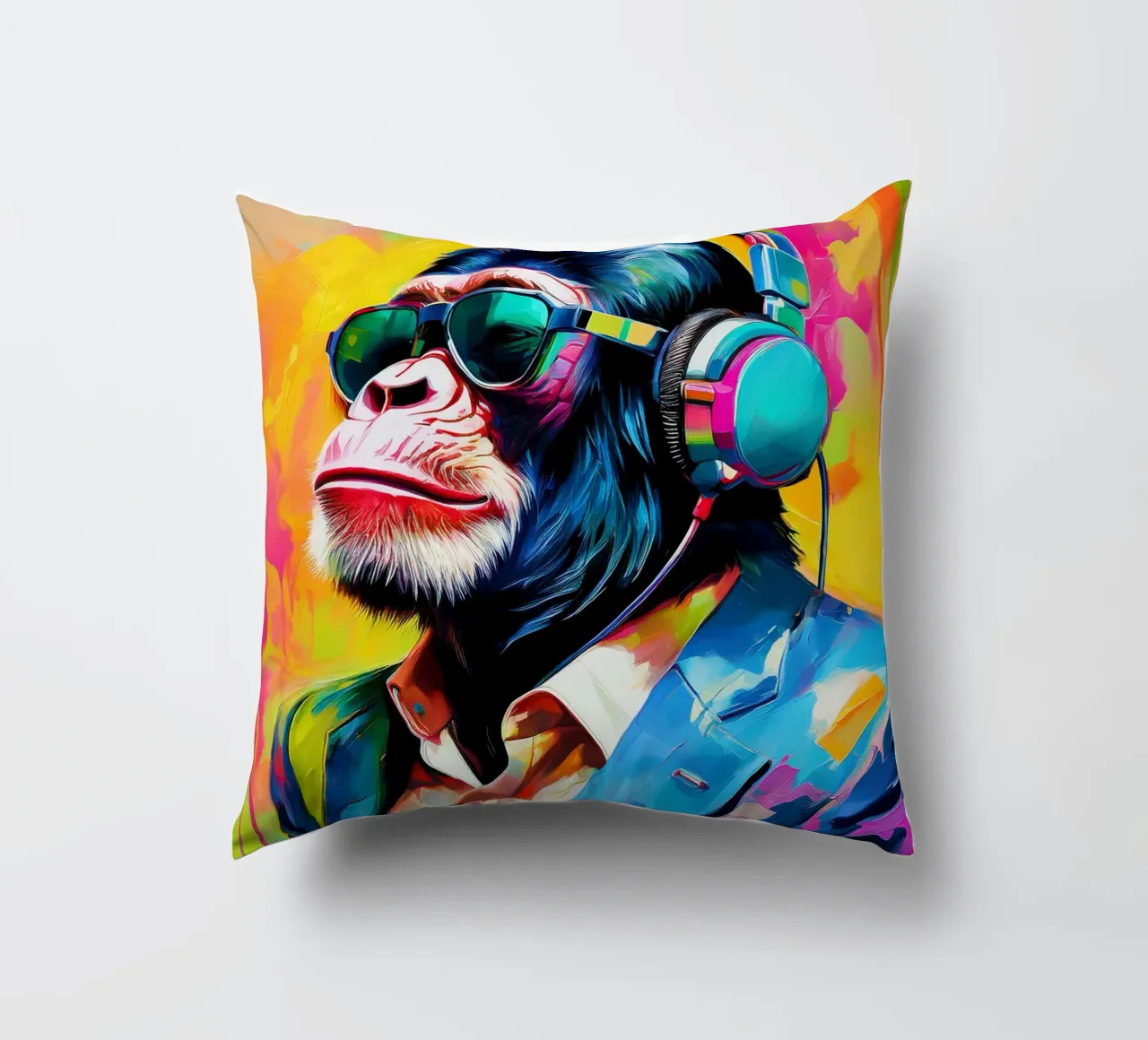 Chimpansee colorato Popart con cuffie cuscino da Take Your Art BV