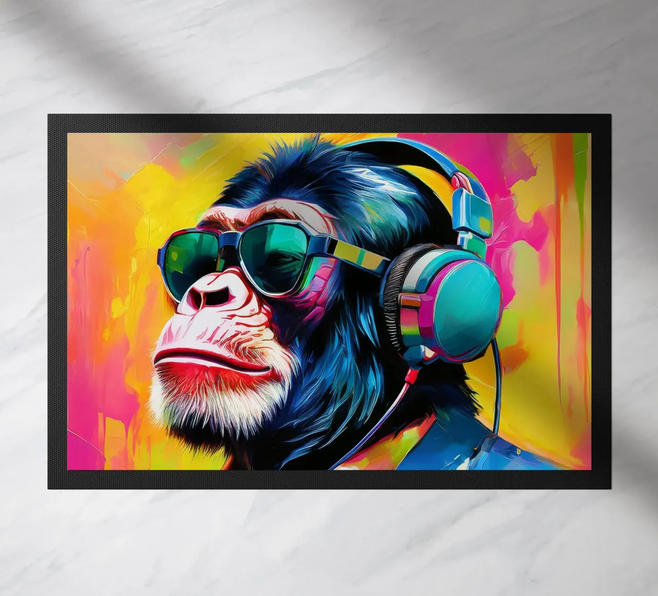 Chimpansee colorato Popart con cuffie zerbino da Take Your Art BV
