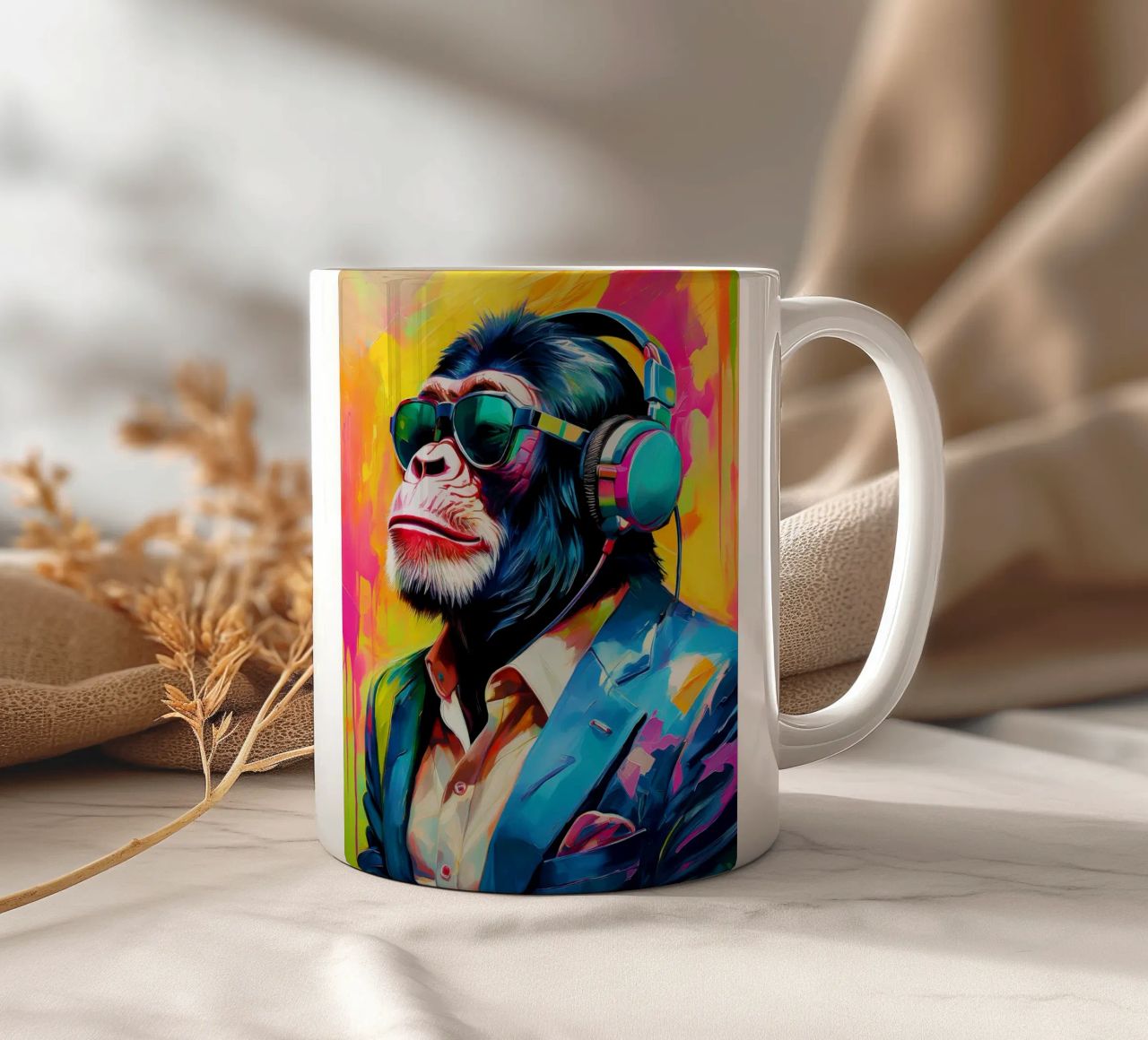 Chimpansee colorato Popart con cuffie tazza in ceramica da Take Your Art BV