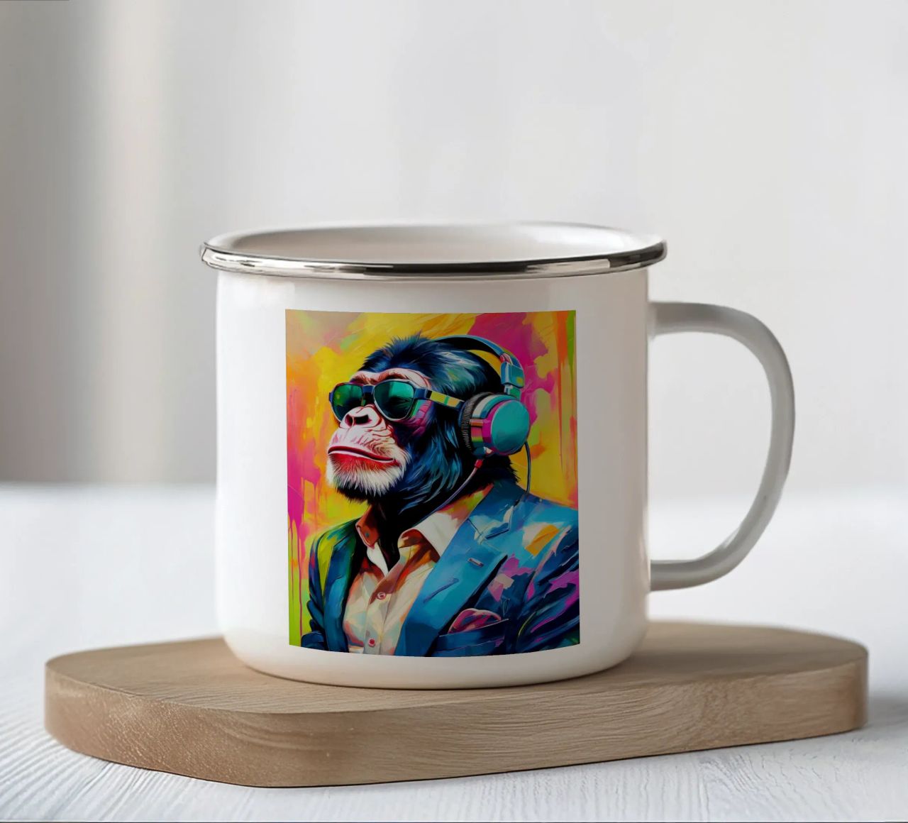 Chimpansee colorato Popart con cuffie tazza in smalto da Take Your Art BV