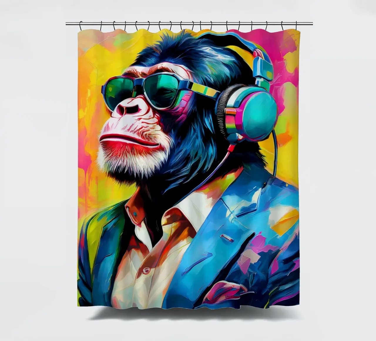 Chimpansee colorato Popart con cuffie tenda da doccia da Take Your Art BV