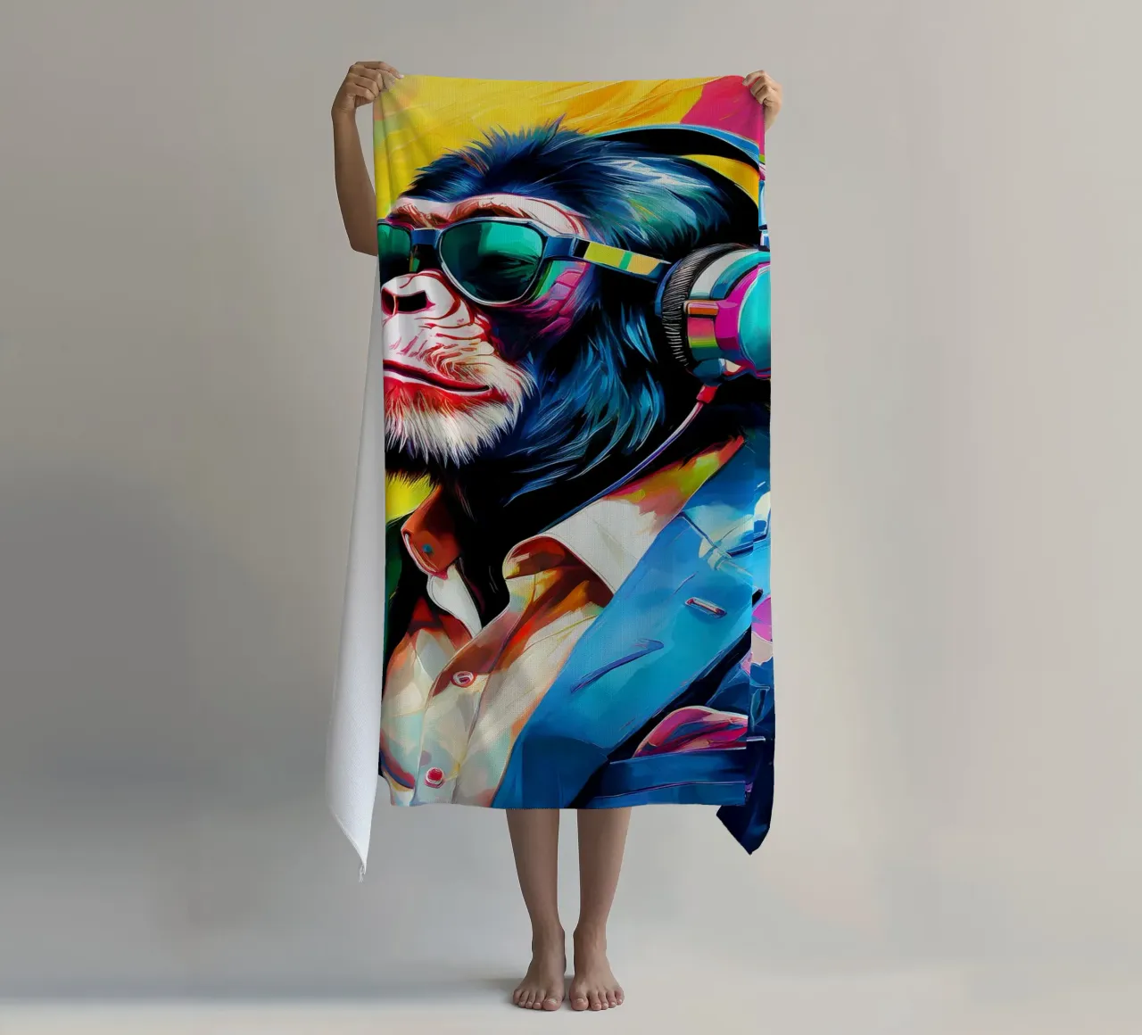 Chimpansee colorato Popart con cuffie telo mare da Take Your Art BV