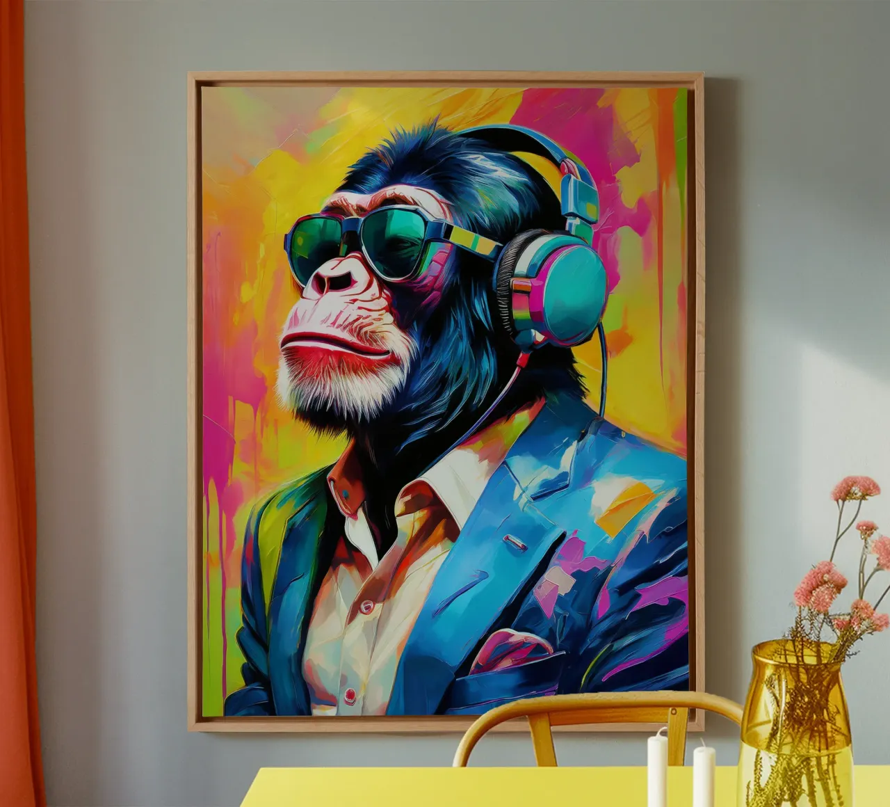 Popart bunter Schimpansee mit Kopfhörer Leinwand mit Schattenfugenrahmen von Take Your Art BV