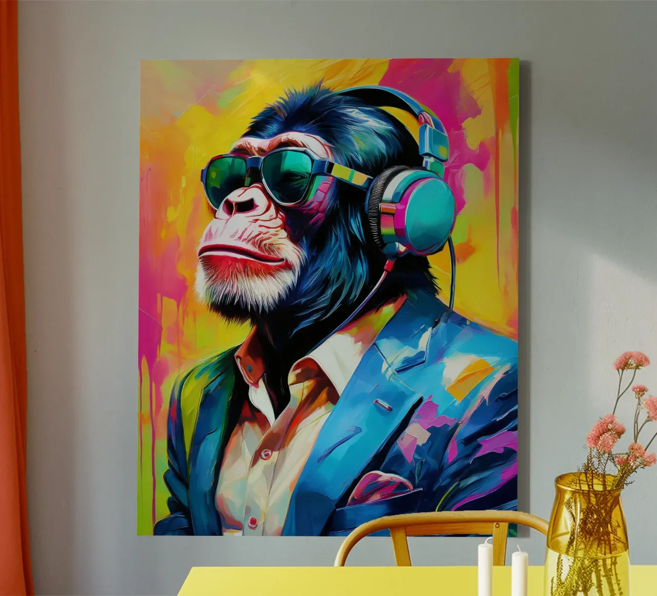 Popart bunter Schimpansee mit Kopfhörer Leinwand mit Schattenfugenrahmen von Take Your Art BV