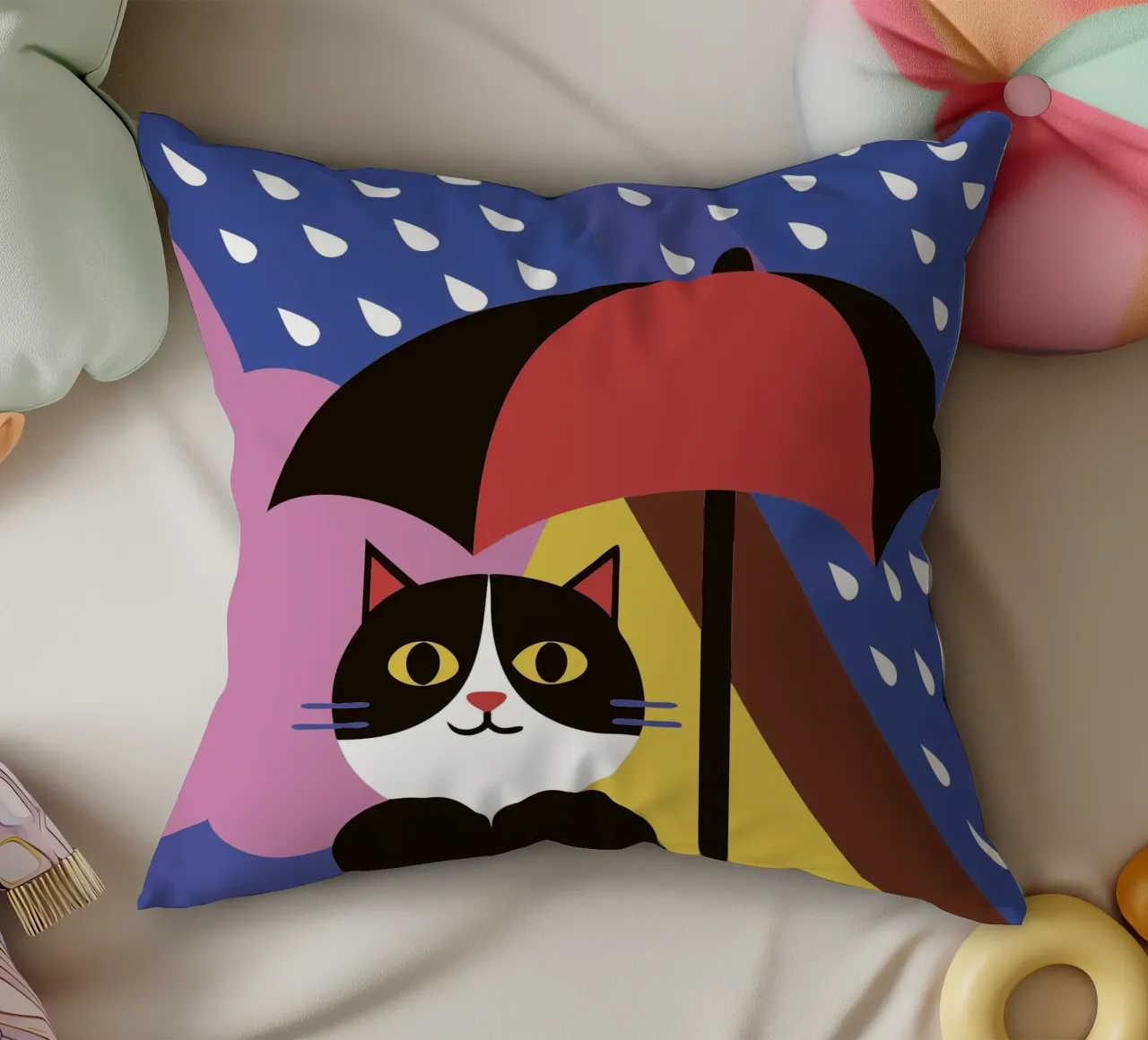 Cats Using Umbrellas When It Rains decorative cushion by LOOK DIFFERENT