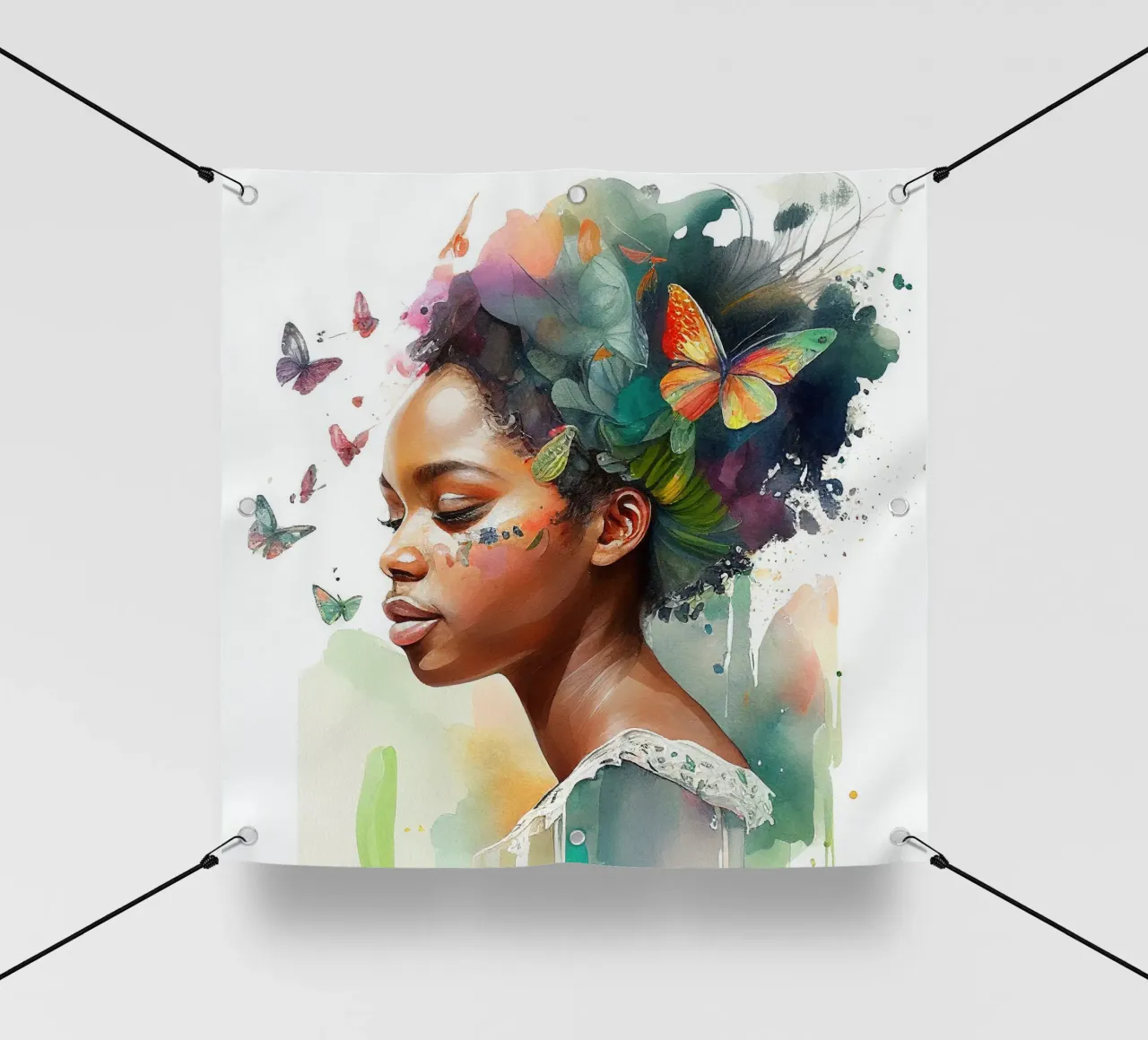 Farfalla acquerellata Donna africana telo in pvc da Chromatic Fusion Studio