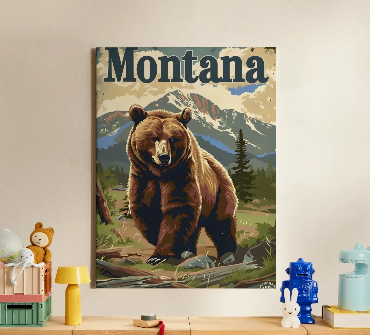 Grizzly Bär Montana tela con Cornice a cassetta da Vintage Travel Art