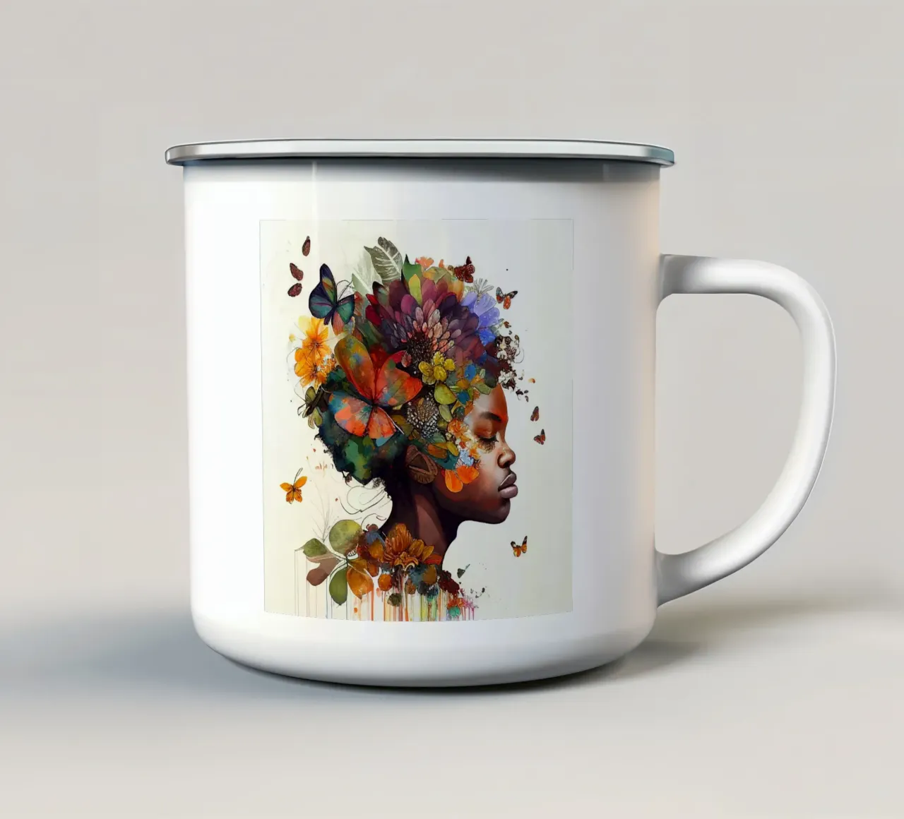 Farfalla acquerellata Donna africana tazza in smalto da Chromatic Fusion Studio