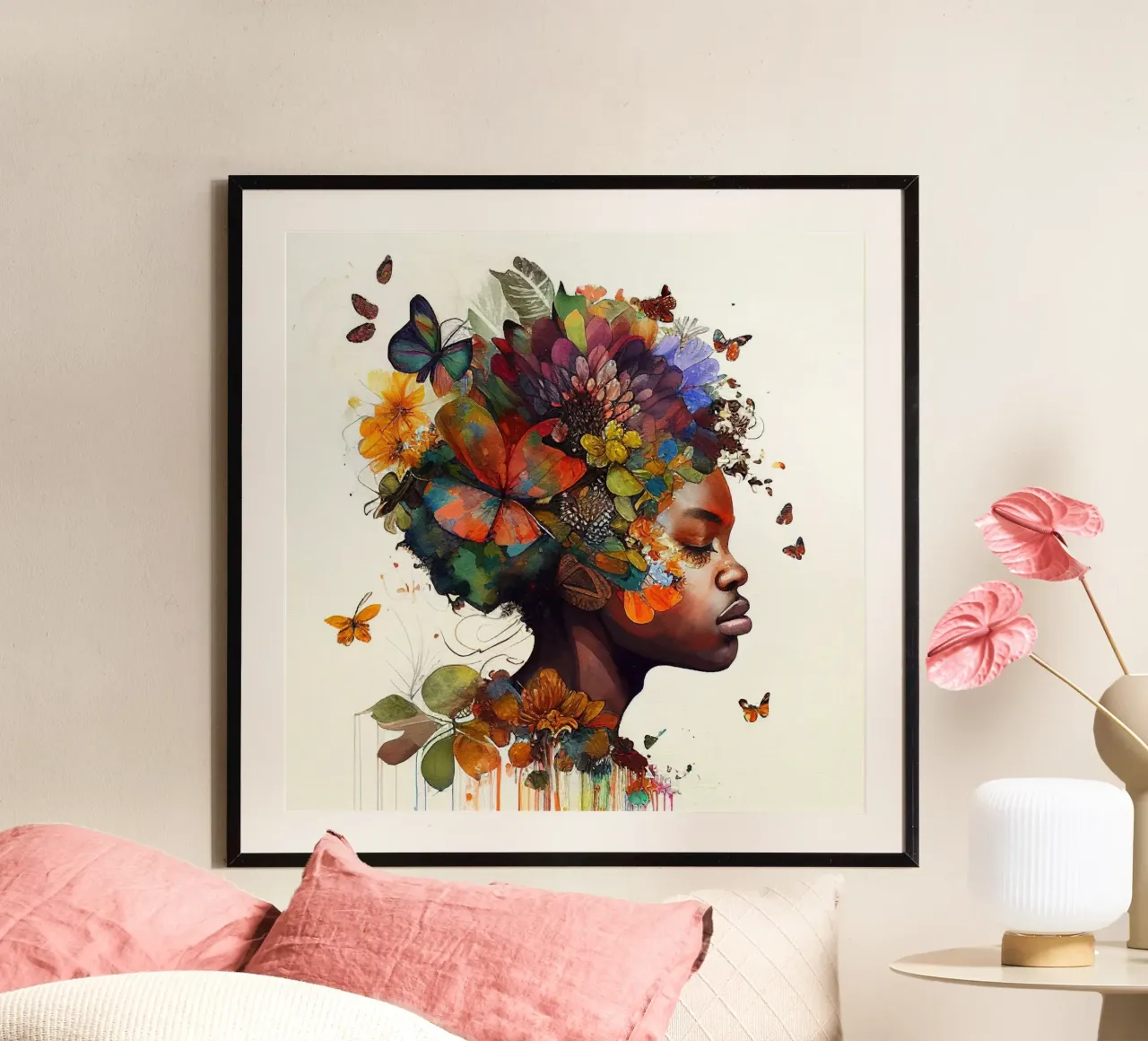 Farfalla acquerellata Donna africana poster con telaio in plastica da Chromatic Fusion Studio
