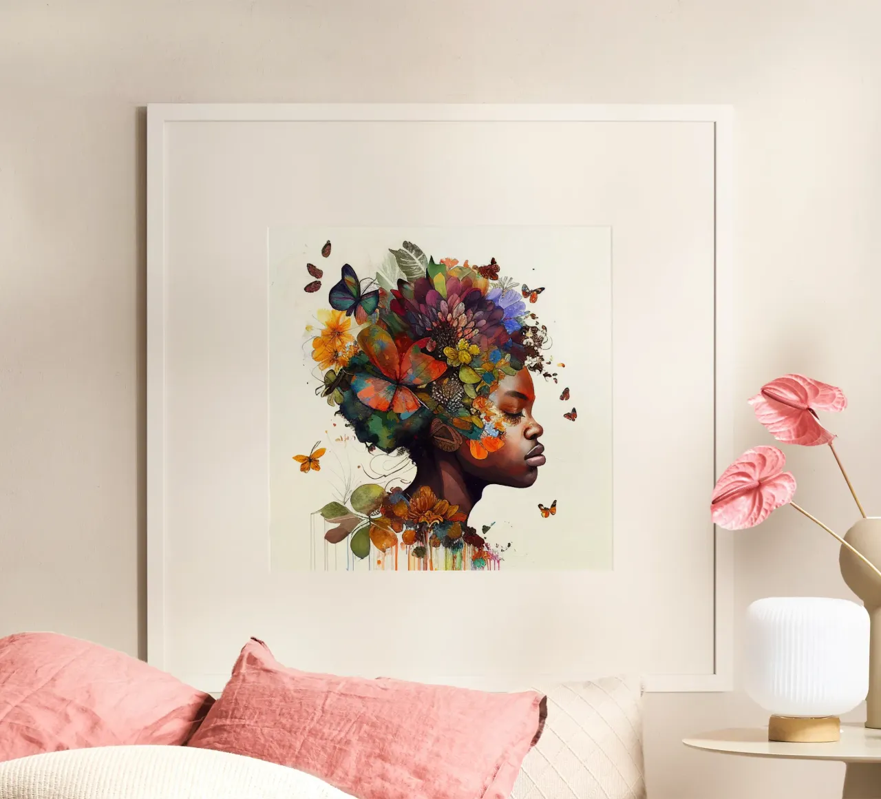 Farfalla acquerellata Donna africana poster con telaio in plastica da Chromatic Fusion Studio