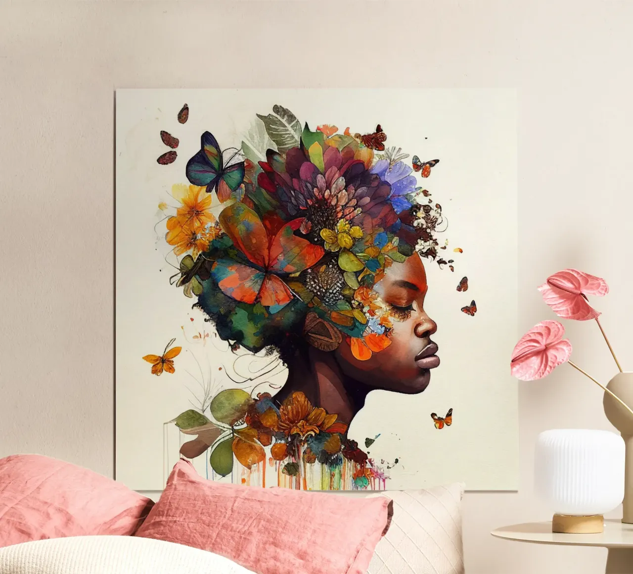 Farfalla acquerellata Donna africana poster con telaio in plastica da Chromatic Fusion Studio
