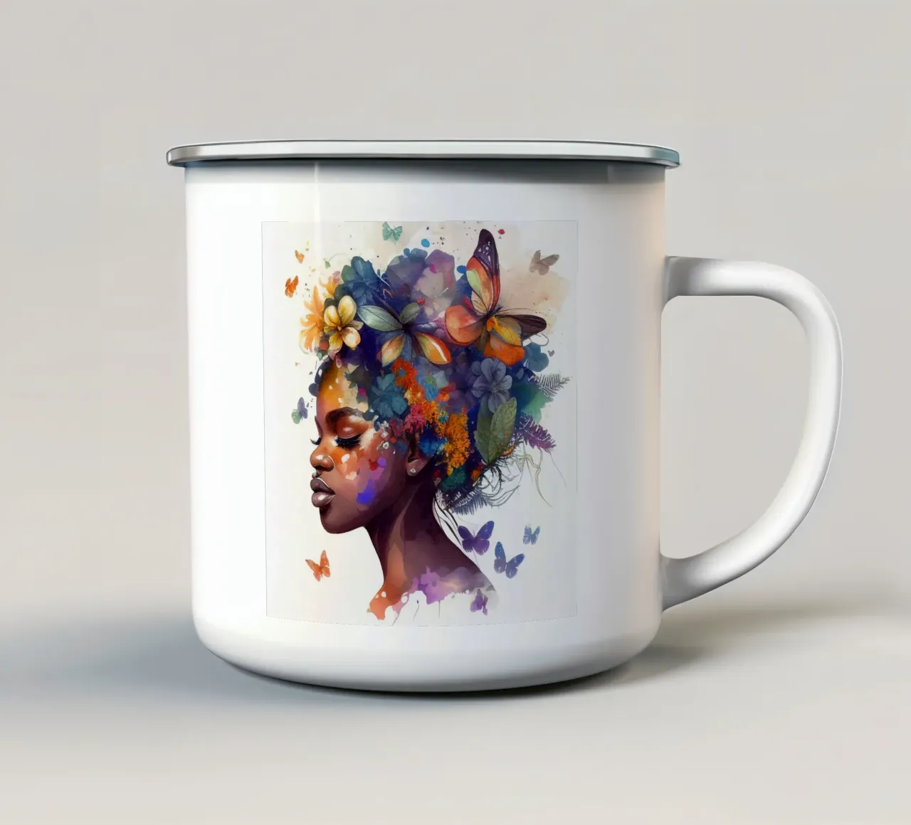 Farfalla acquerellata Donna africana tazza in smalto da Chromatic Fusion Studio