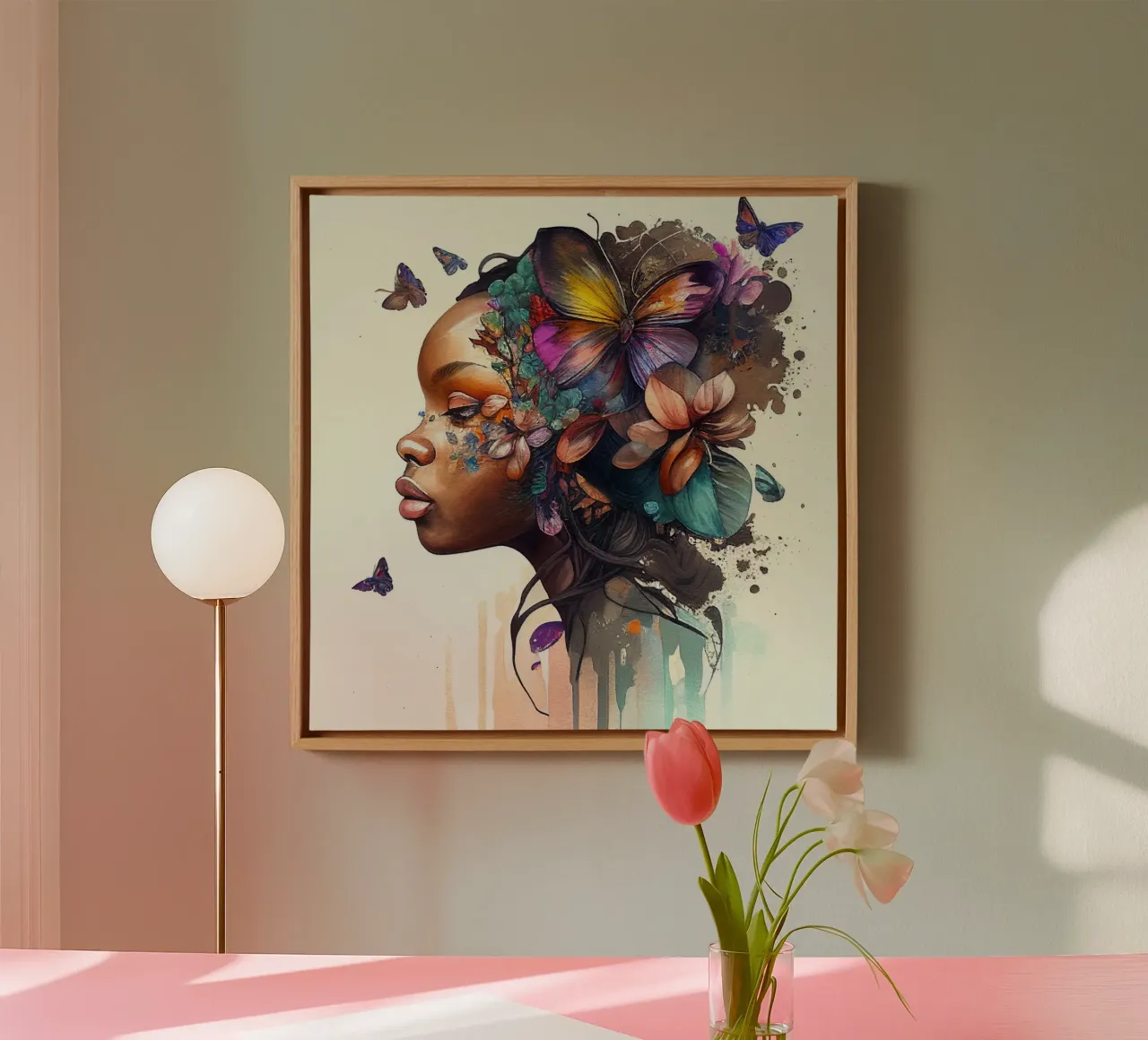Farfalla acquerellata Donna africana tela con Cornice a cassetta da Chromatic Fusion Studio