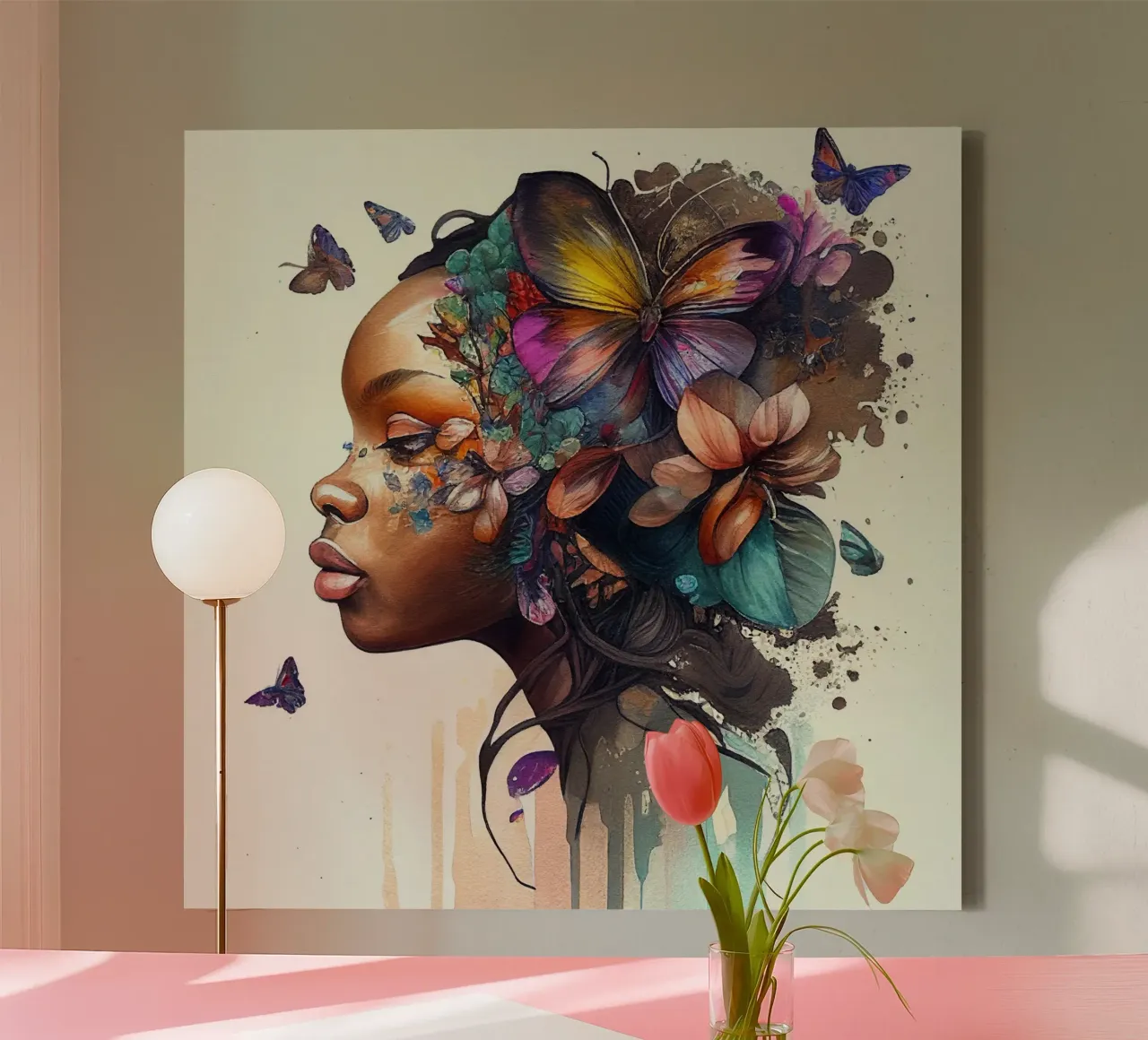 Farfalla acquerellata Donna africana tela con Cornice a cassetta da Chromatic Fusion Studio
