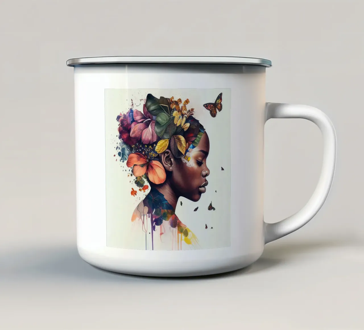 Farfalla acquerellata Donna africana tazza in smalto da Chromatic Fusion Studio