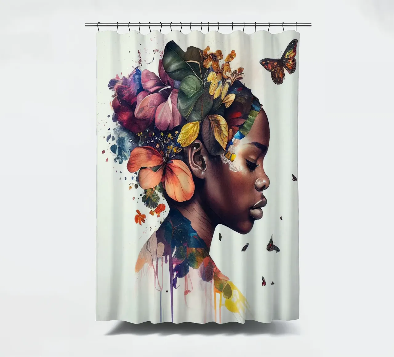 Aquarell Schmetterling Afrikanische Frau Duschvorhang von Chromatic Fusion Studio