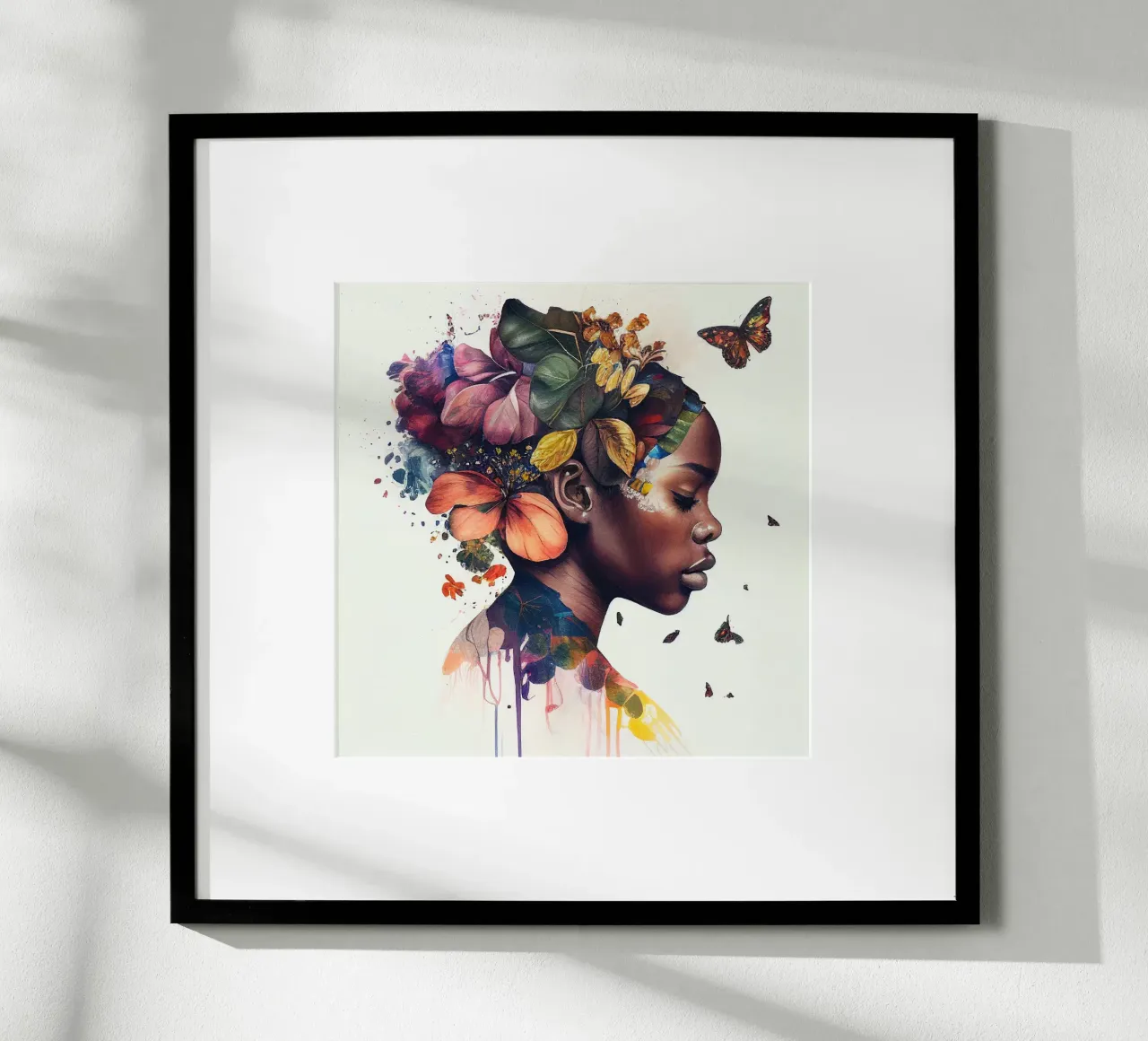 Farfalla acquerellata Donna africana poster con telaio in alluminio da Chromatic Fusion Studio