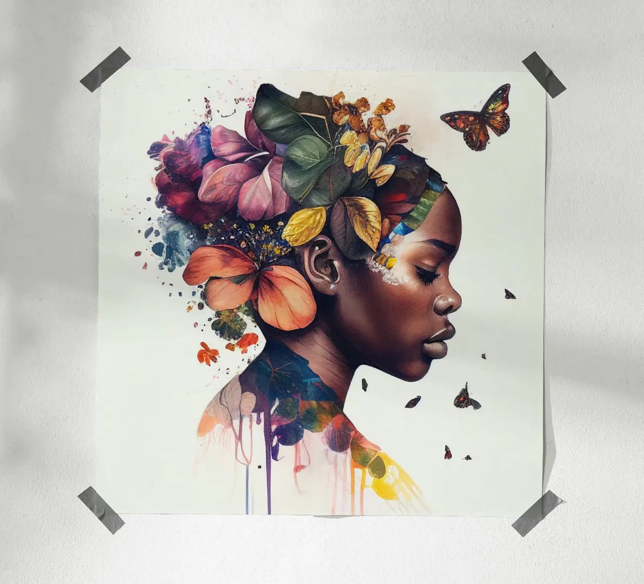 Farfalla acquerellata Donna africana poster con telaio in alluminio da Chromatic Fusion Studio