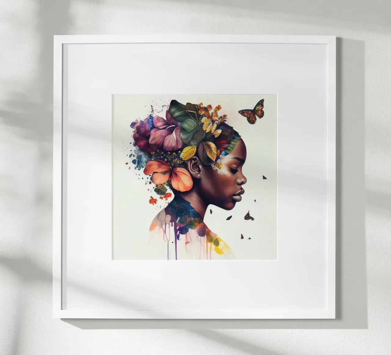 Farfalla acquerellata Donna africana poster con telaio in alluminio da Chromatic Fusion Studio