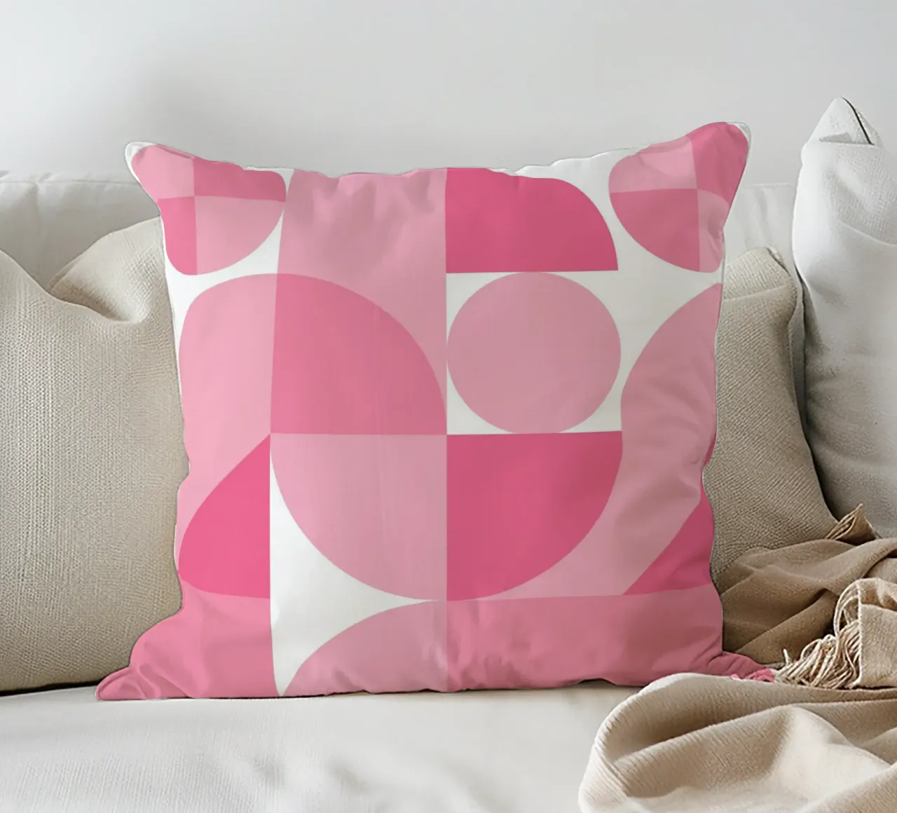 Pink Abstract Geometric Composition with Circles and Shapes decorative cushion by pdigitalprints