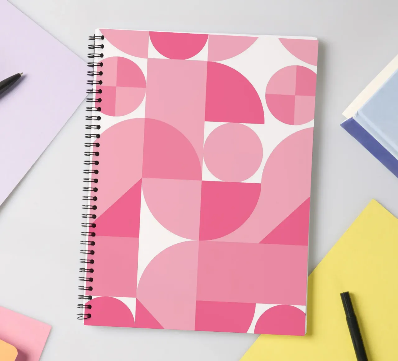 Pink Abstract Geometric Composition with Circles and Shapes spiral notebook by pdigitalprints