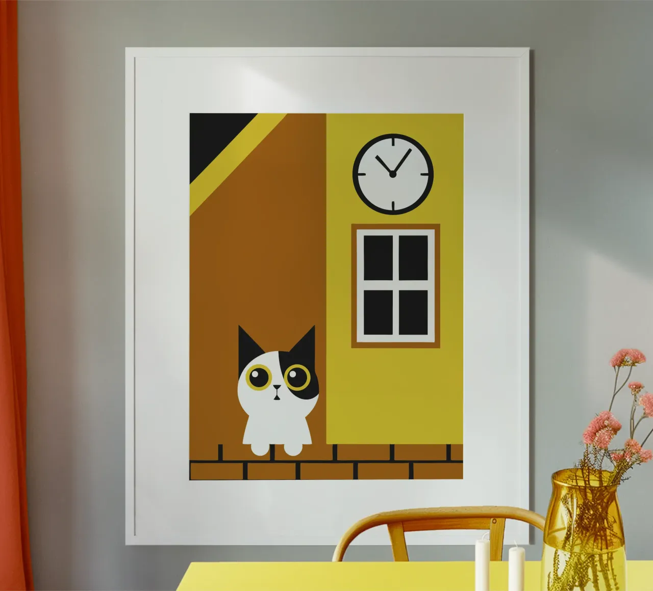 Gatto e orologio poster con telaio in plastica da LOOK DIFFERENT