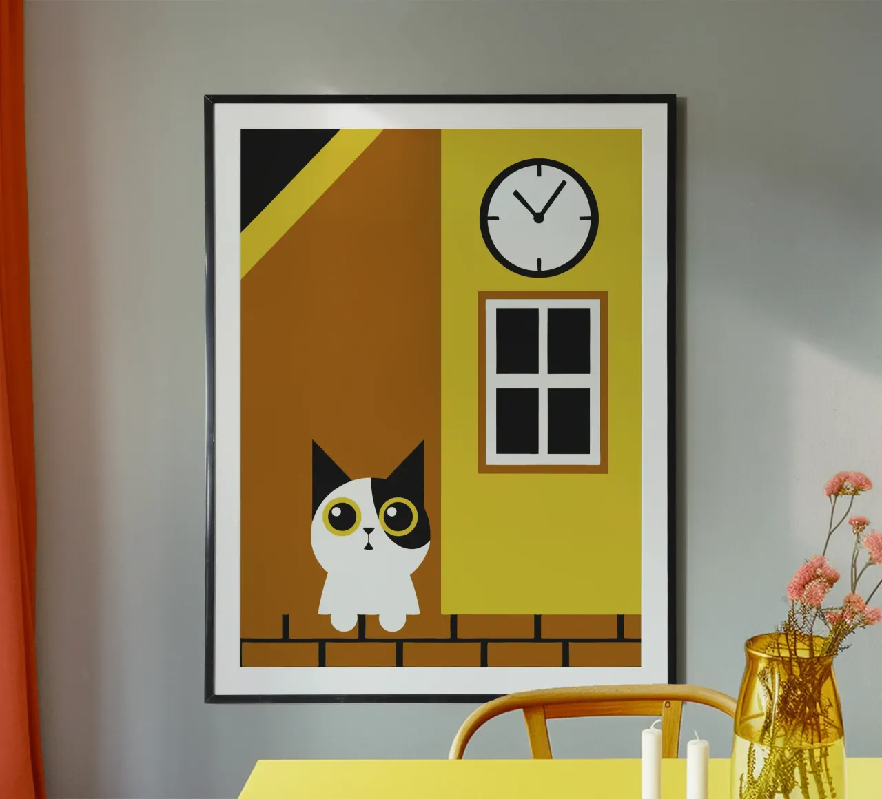 Gatto e orologio poster con telaio in plastica da LOOK DIFFERENT