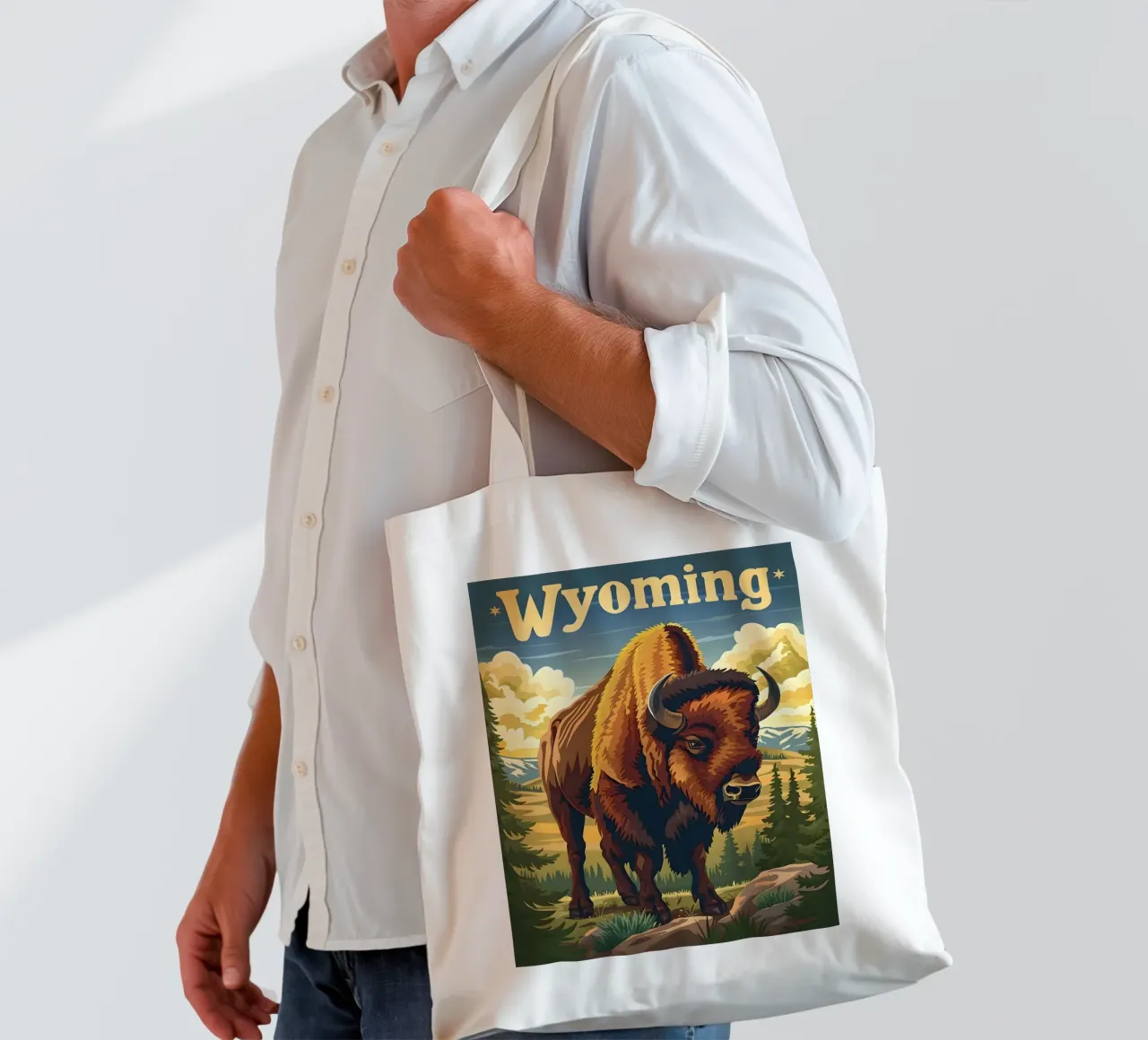 Bison Wyoming tote bag by Vintage Travel Art