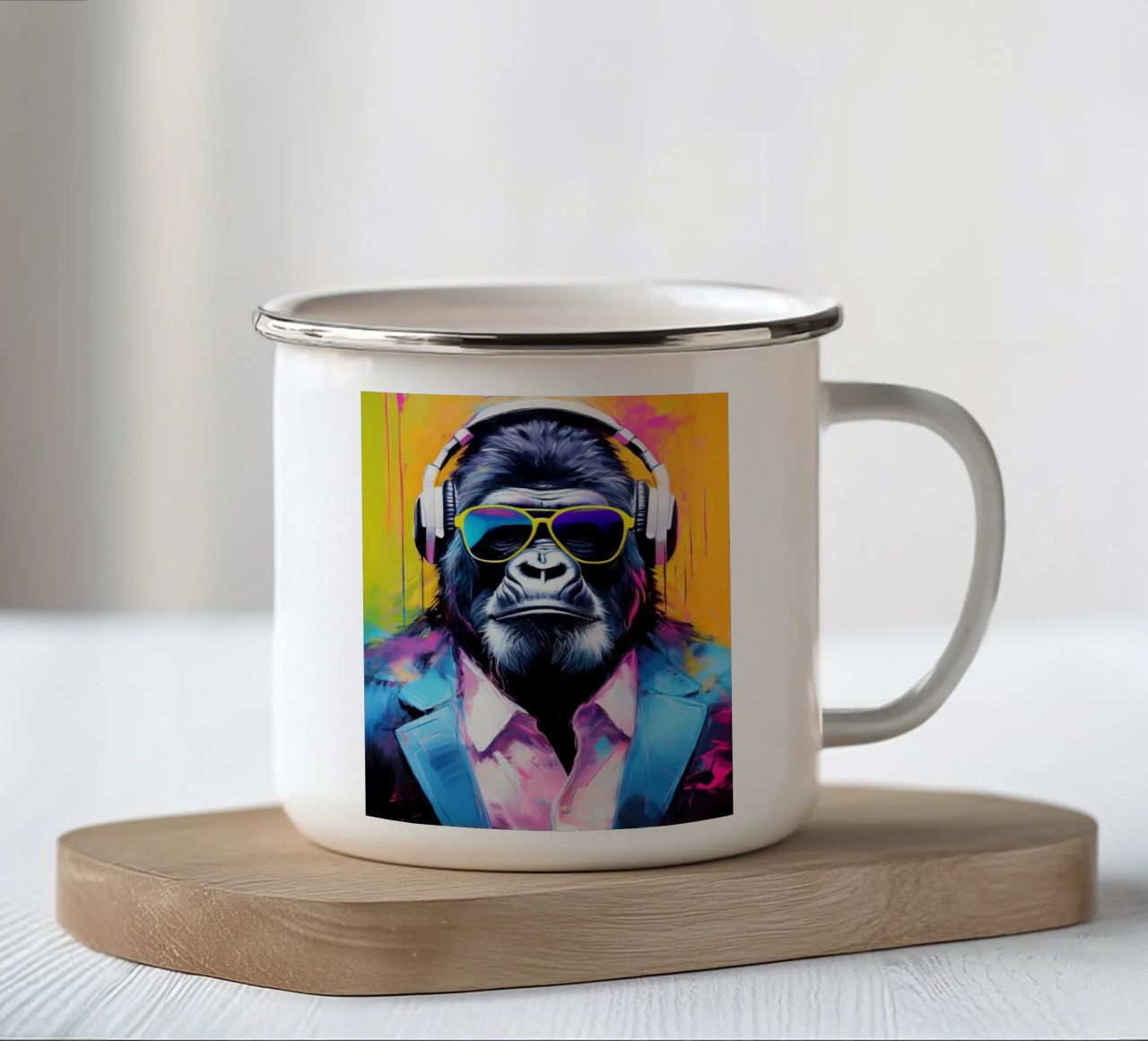 Ritratto Popart Gorilla colorato con cuffie tazza in smalto da Take Your Art BV
