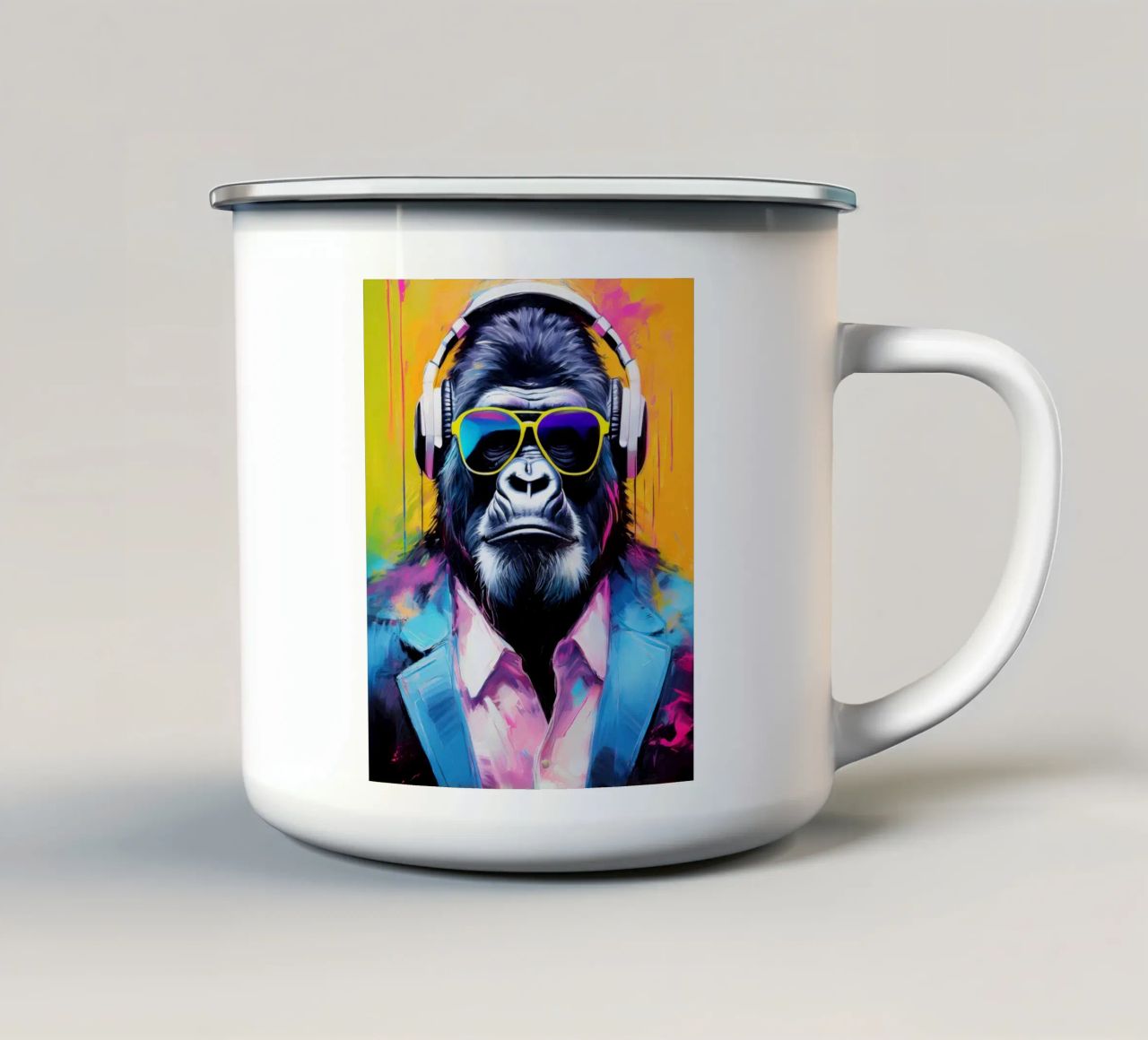 Ritratto Popart Gorilla colorato con cuffie tazza in smalto da Take Your Art BV