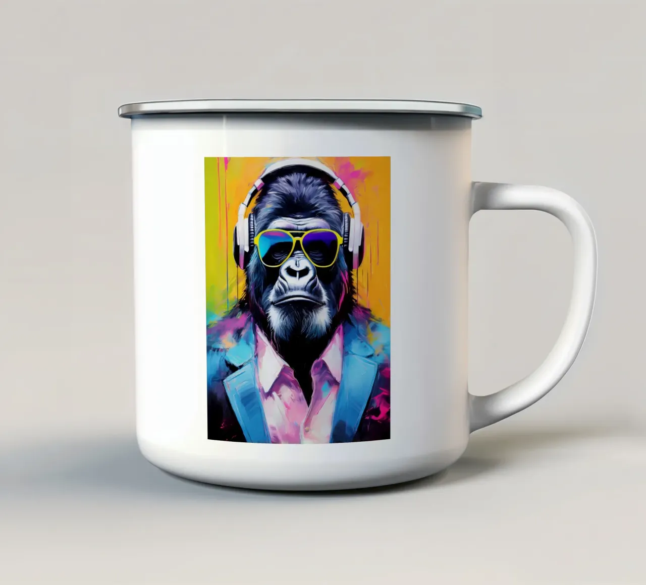 Ritratto Popart Gorilla colorato con cuffie tazza in smalto da Take Your Art BV