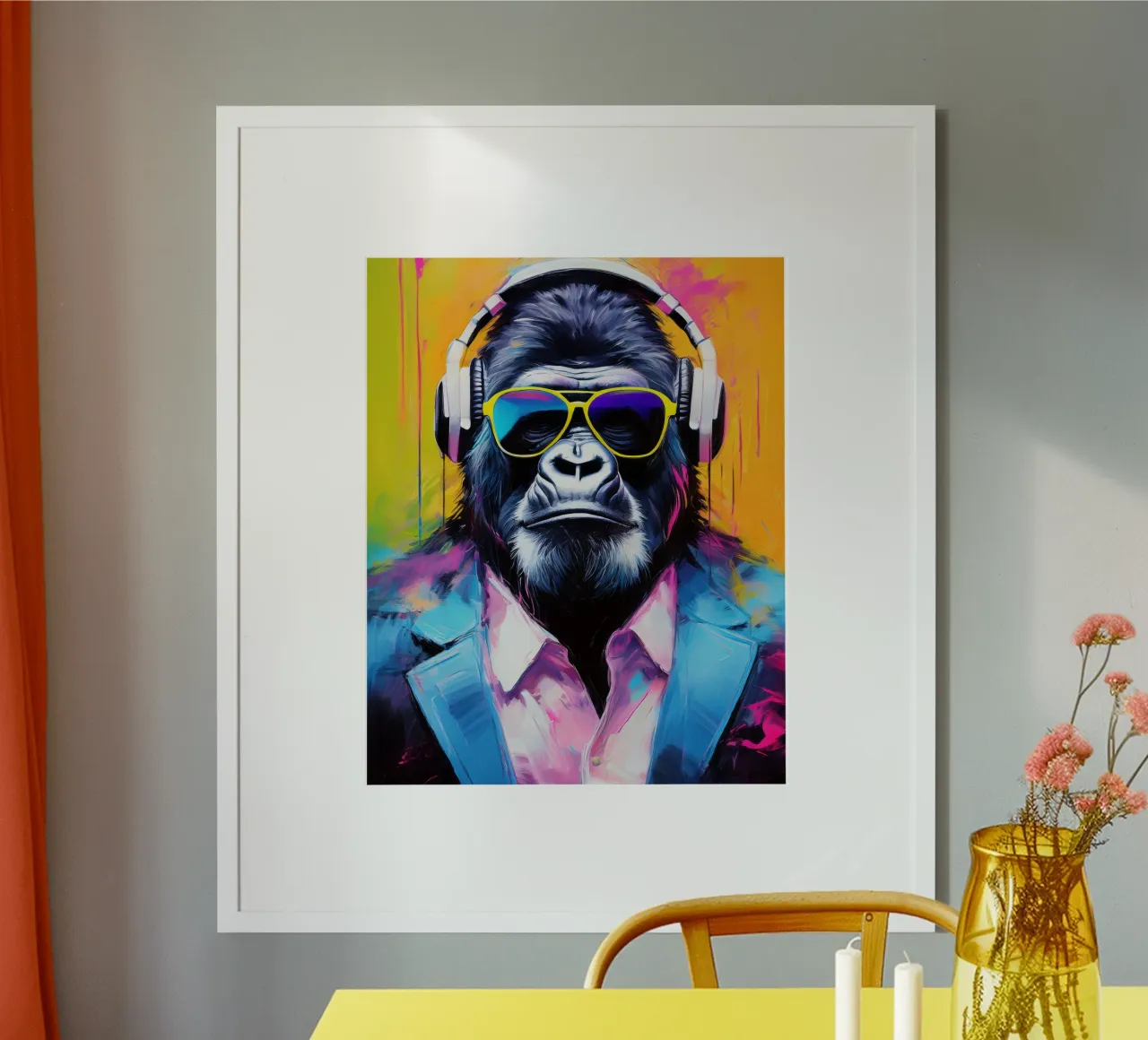 Ritratto Popart Gorilla colorato con cuffie poster da Take Your Art BV