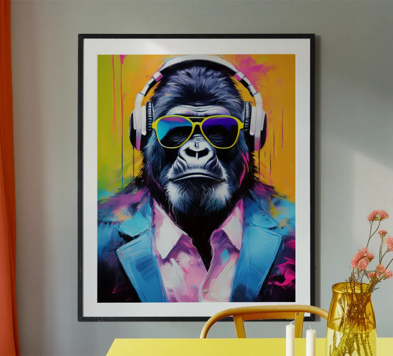 Ritratto Popart Gorilla colorato con cuffie poster da Take Your Art BV