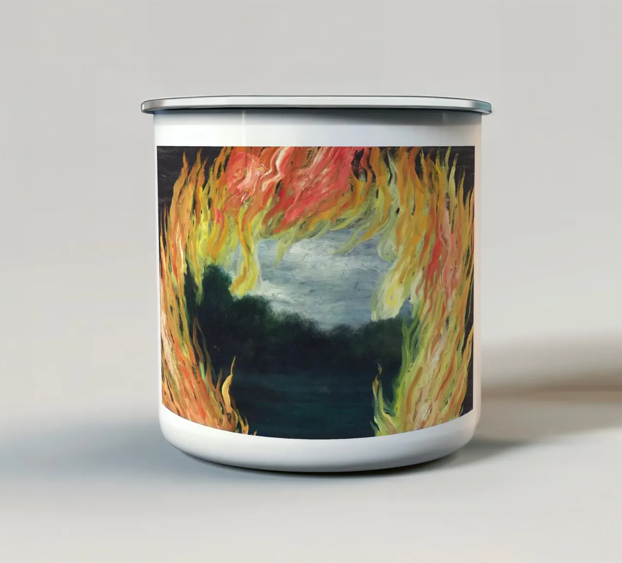 "Le Paysage en Feu" (Il paesaggio in fiamme) di René Magritte tazza in smalto da Classic Art Prints