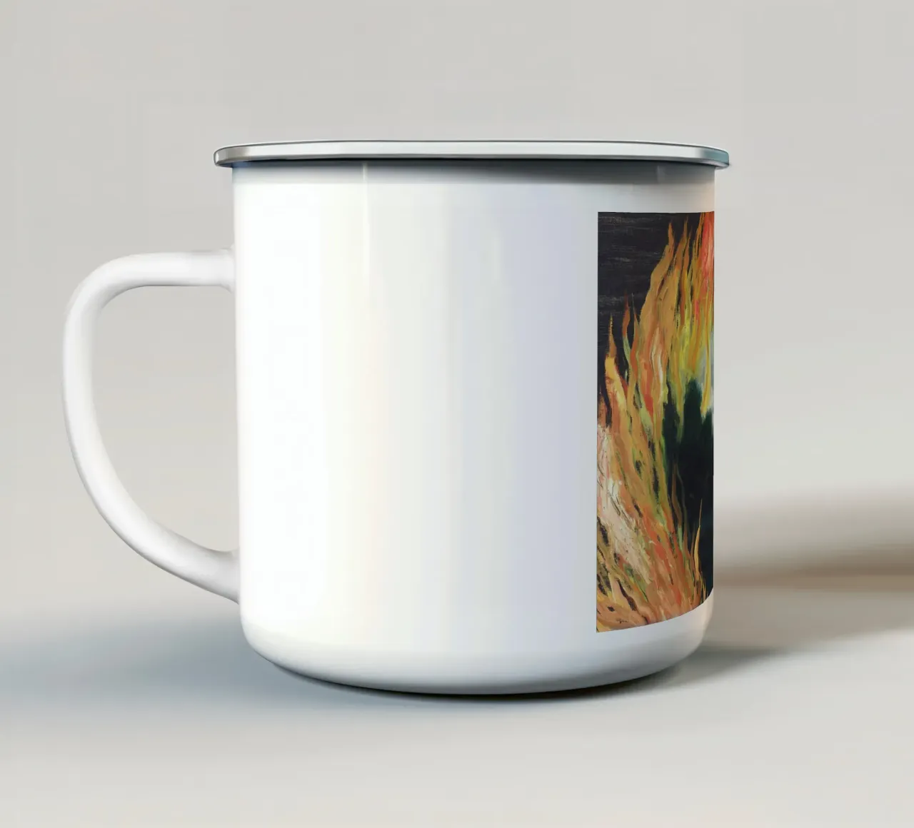 "Le Paysage en Feu" (Il paesaggio in fiamme) di René Magritte tazza in smalto da Classic Art Prints