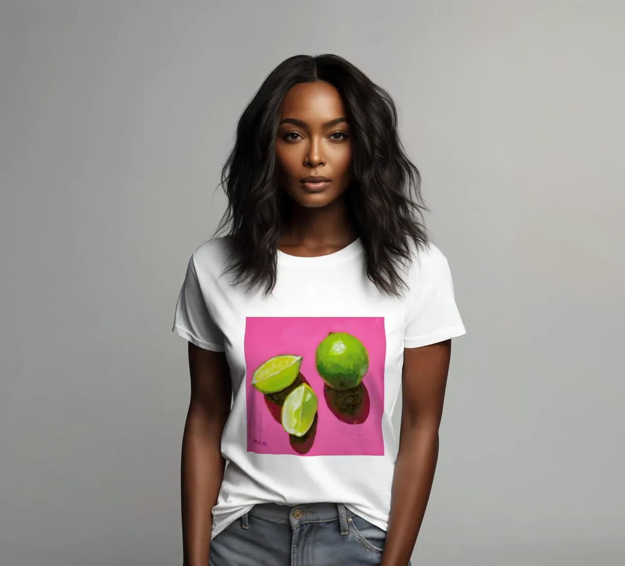 Limes on Pink women's fitted t-shirt by Miche Watkins