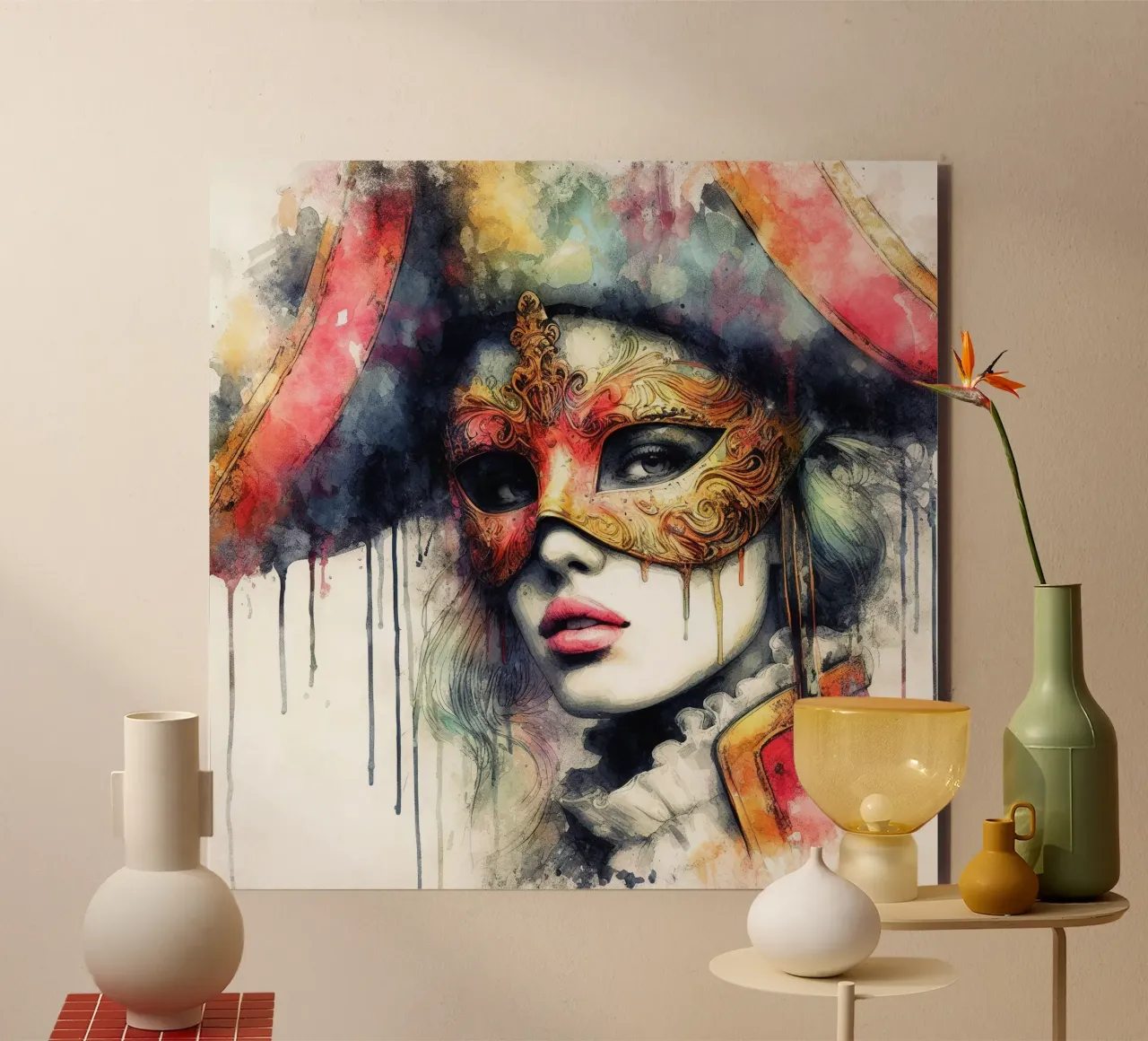 Donna di Carnevale ad acquerello alluminio dibond da Chromatic Fusion Studio