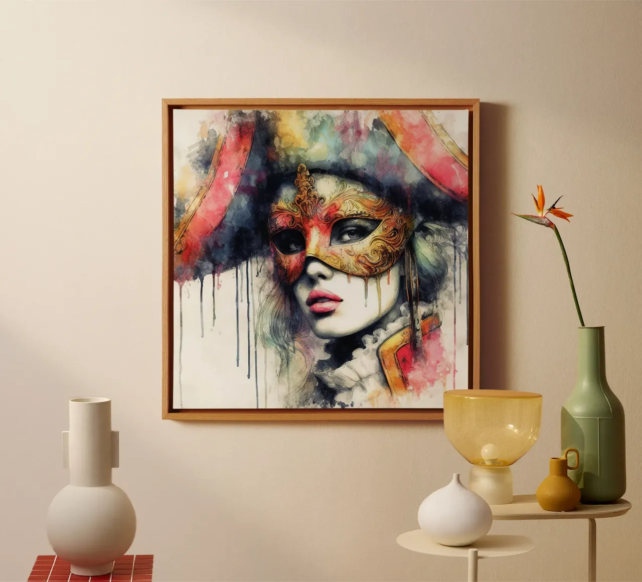 Donna di Carnevale ad acquerello tela con Cornice a cassetta da Chromatic Fusion Studio