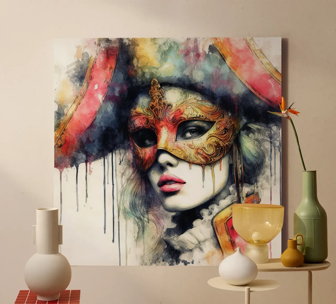 Donna di Carnevale ad acquerello tela con Cornice a cassetta da Chromatic Fusion Studio