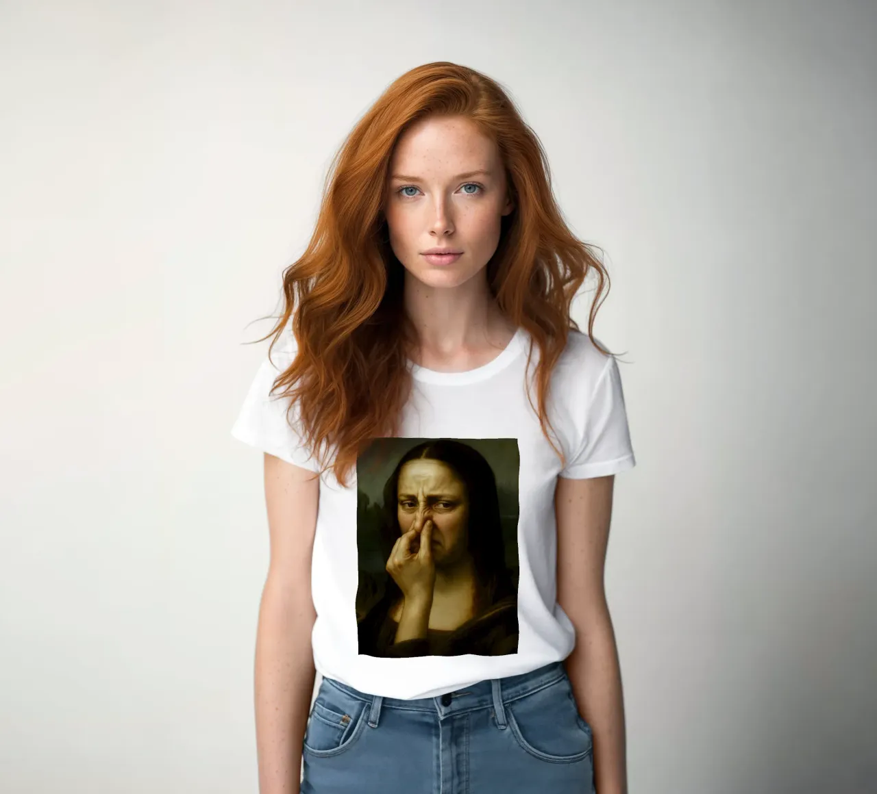 MONA LISA FUNNY BATHROOM women's fitted t-shirt by ARTOMATIC