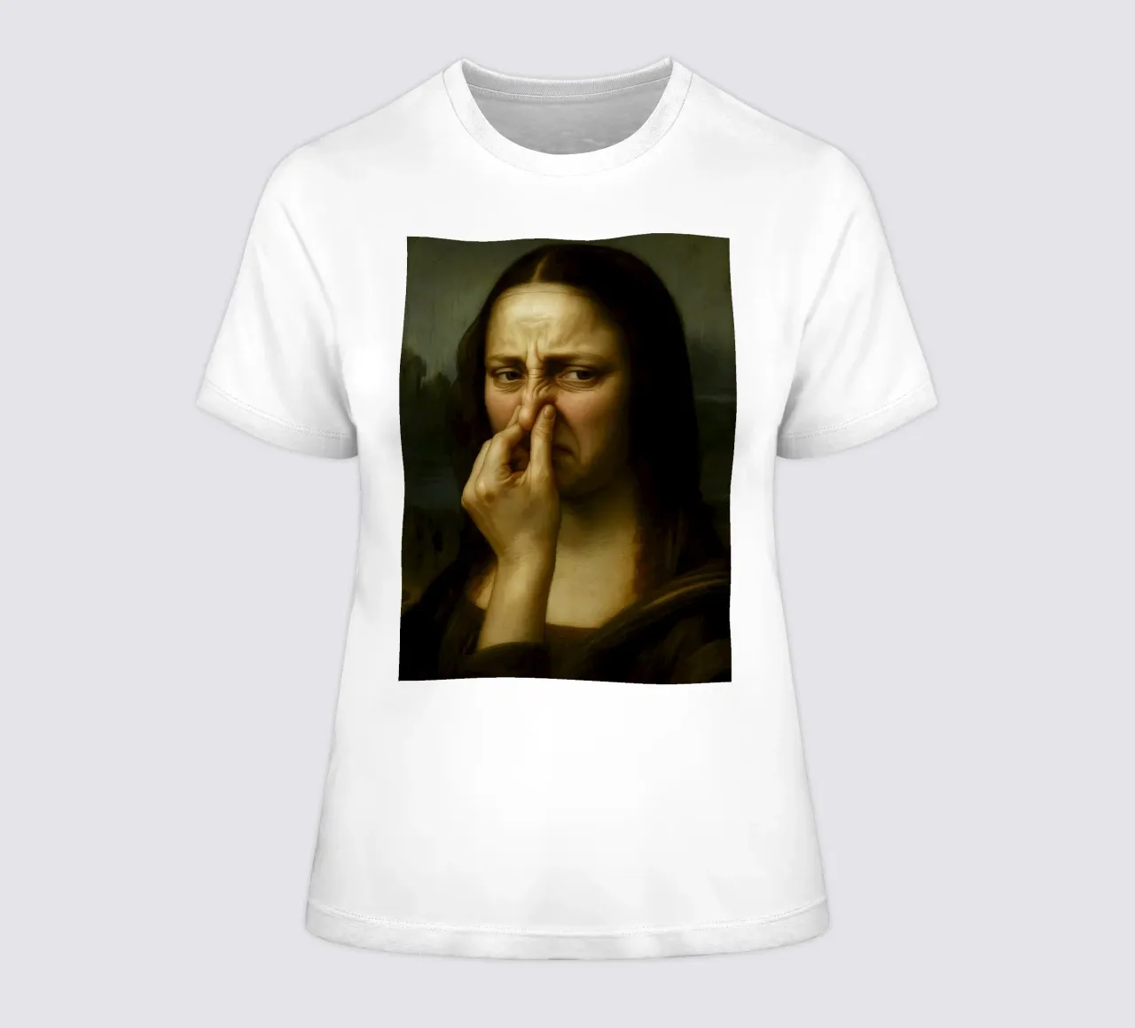 MONA LISA FUNNY BATHROOM women's fitted t-shirt by ARTOMATIC