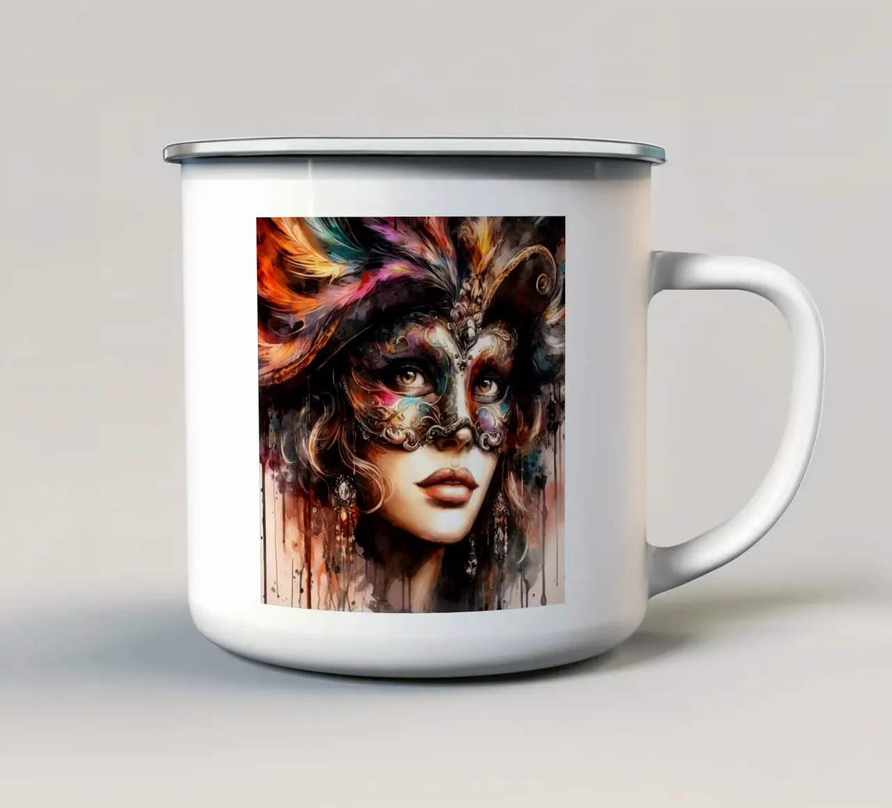 Donna di Carnevale ad acquerello tazza in smalto da Chromatic Fusion Studio