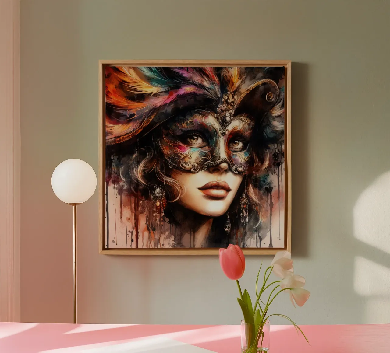 Donna di Carnevale ad acquerello tela con Cornice a cassetta da Chromatic Fusion Studio