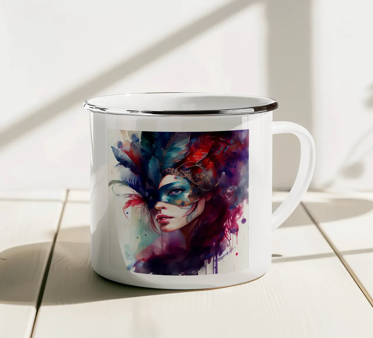 Donna di Carnevale ad acquerello tazza in smalto da Chromatic Fusion Studio