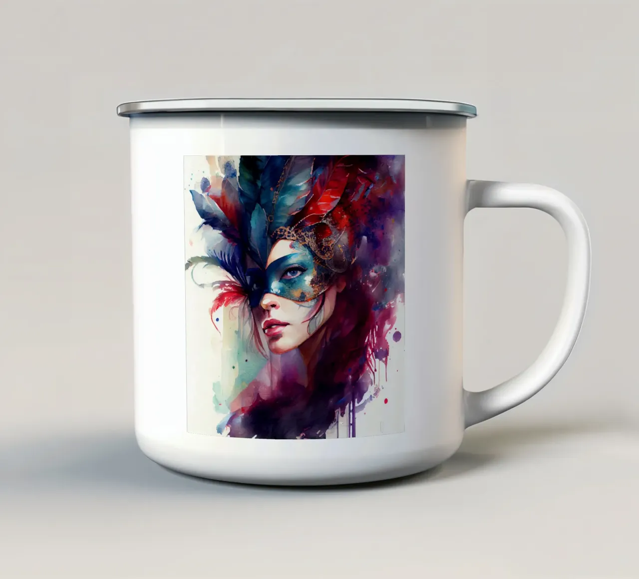 Donna di Carnevale ad acquerello tazza in smalto da Chromatic Fusion Studio