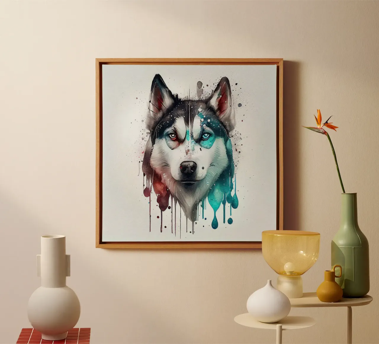 Cane Siberian Husky ad acquerello tela con Cornice a cassetta da Chromatic Fusion Studio