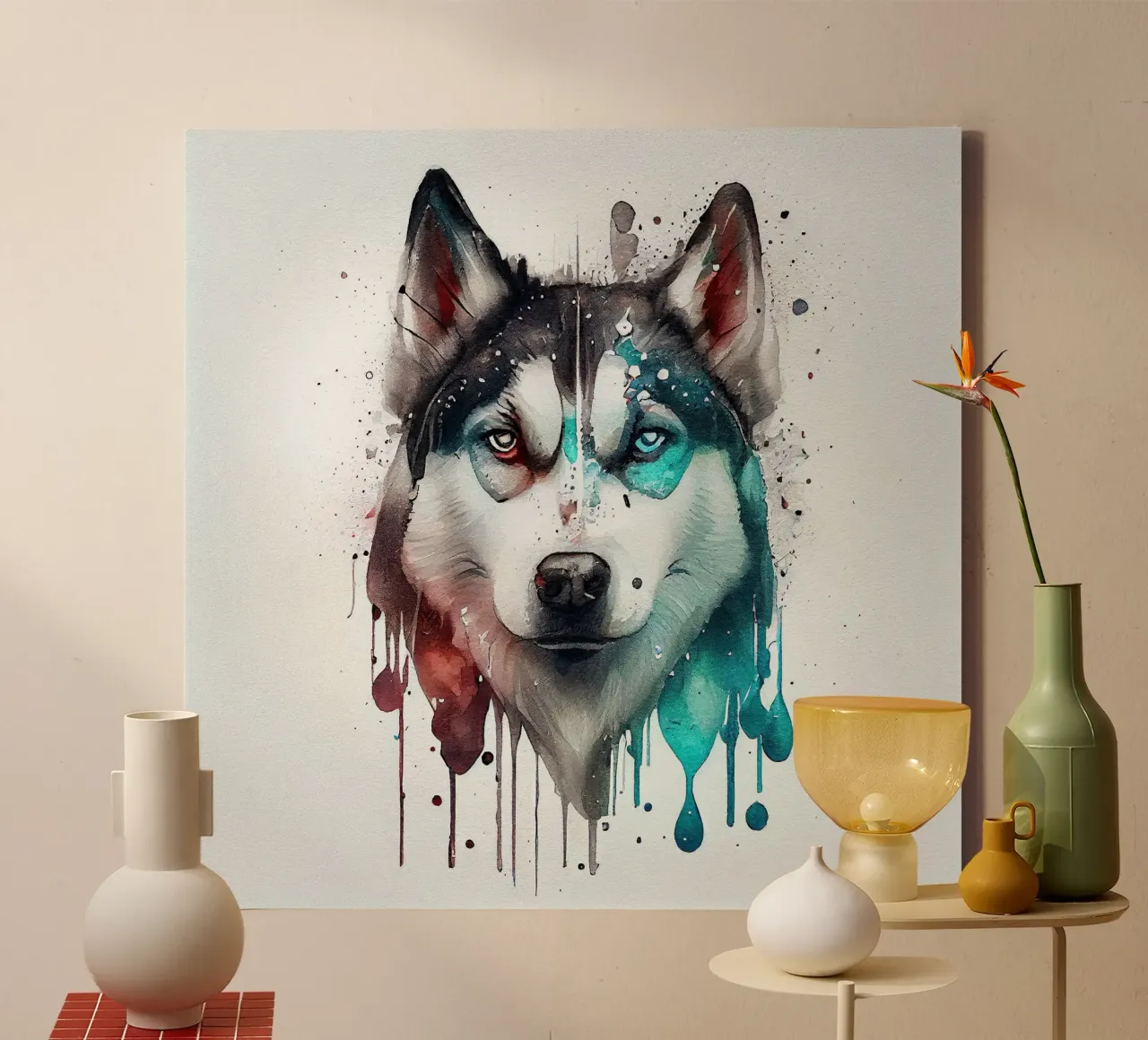Cane Siberian Husky ad acquerello tela con Cornice a cassetta da Chromatic Fusion Studio