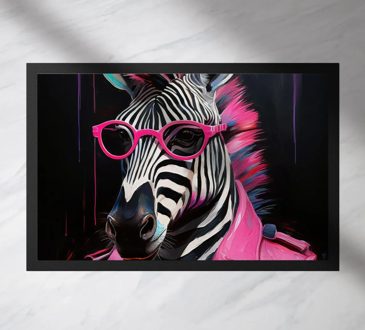 Portrait popart pink black zebra with sunglasses doormat by Take Your Art BV