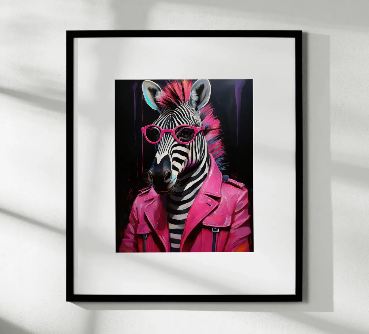 Portret popart roze zwarte zebra met zonnebril poster met houten frame van Take Your Art BV